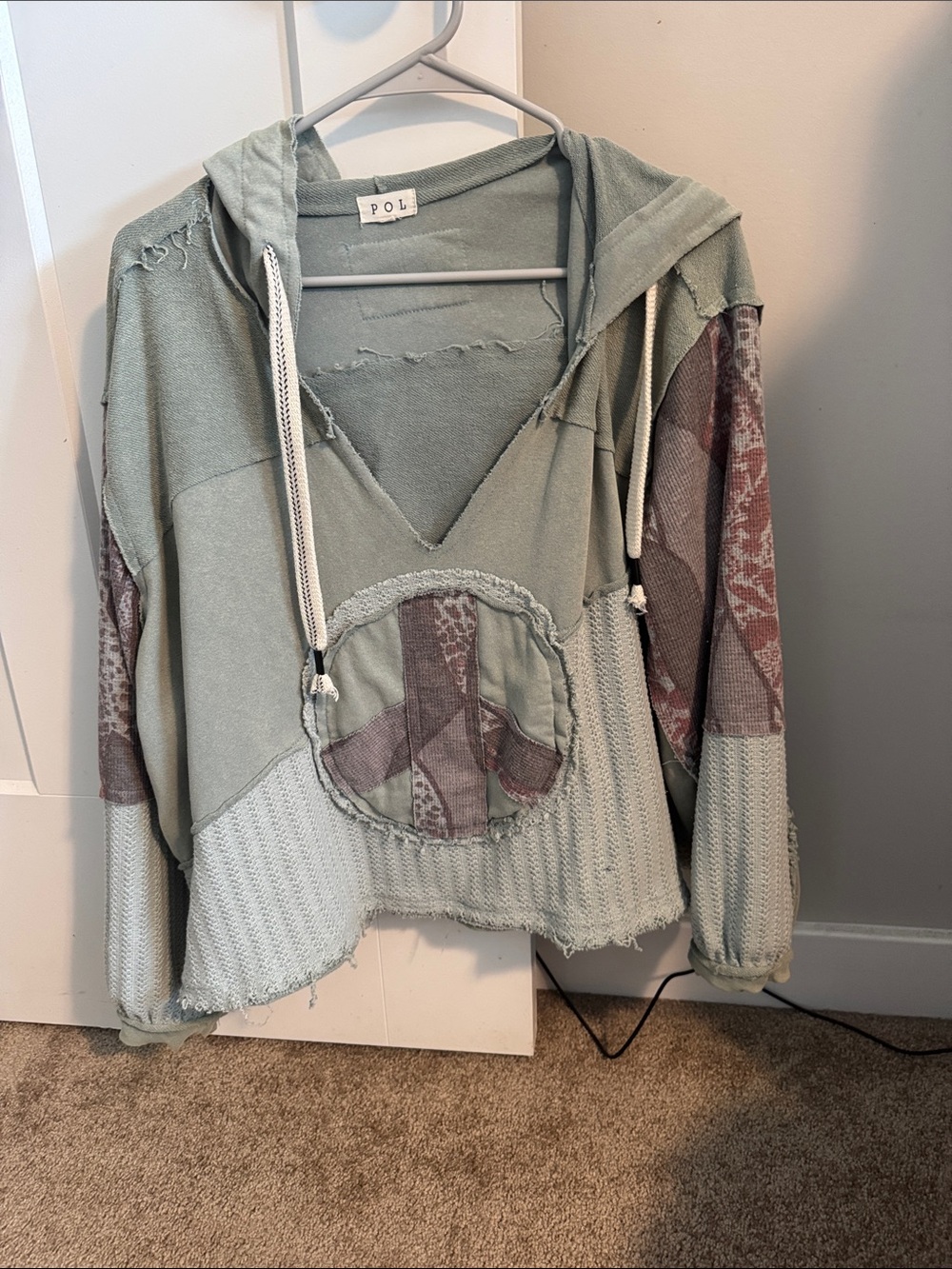 POL Sage Green V-Neck Hooded Sweater with Patterned Sleeve Panels